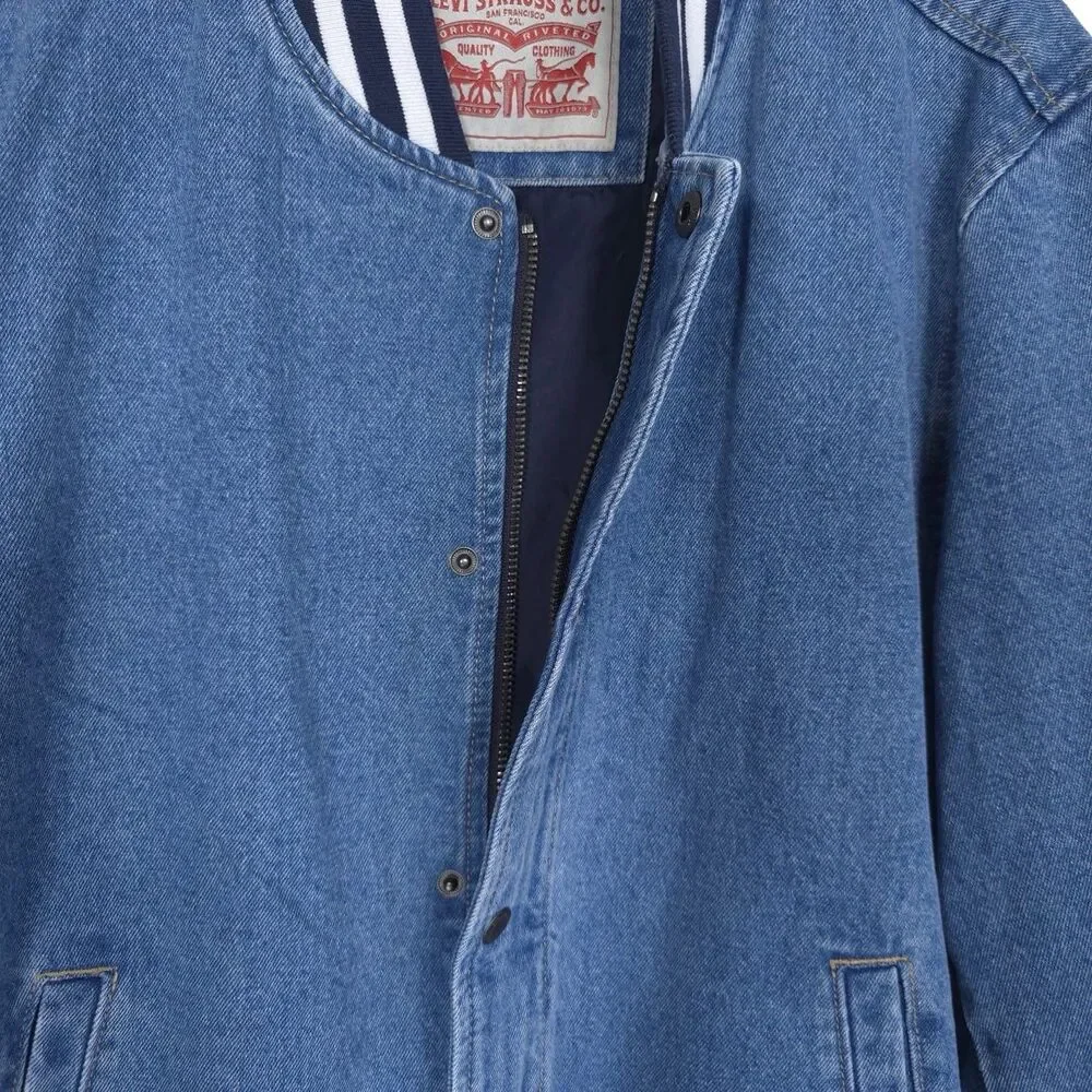 Levi's New Men's Full Zip Varsity Denim Bomber Jacket‎ LARGE Ribbed Knit Hem